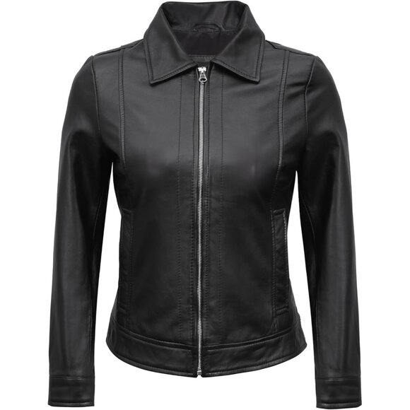 Women's Real Lambskin Outwear Jackets Stylish Turn Down Collar Black Leather - Picture 3 of 5
